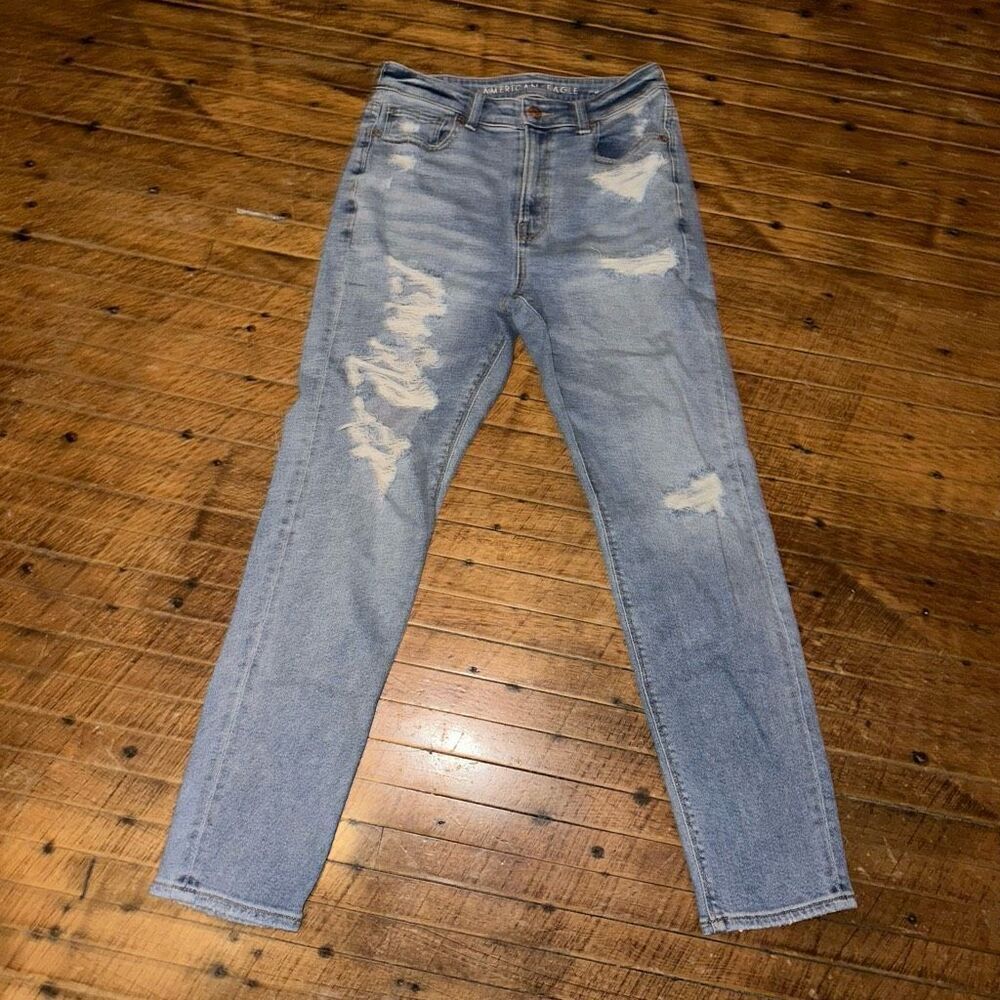 American Eagle light wash destroyed relaxed mom jeans
